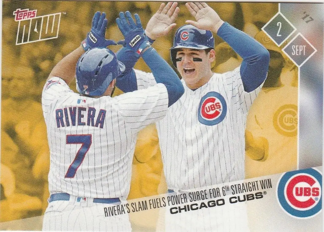 Baseball card of Chicago Cubs Anthony Rizzo celebrating in Weekend Bonus Chicago design