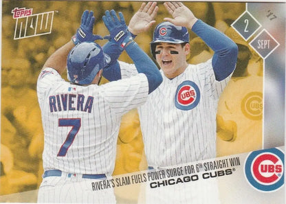 Baseball card of Chicago Cubs Anthony Rizzo celebrating in Weekend Bonus Chicago design