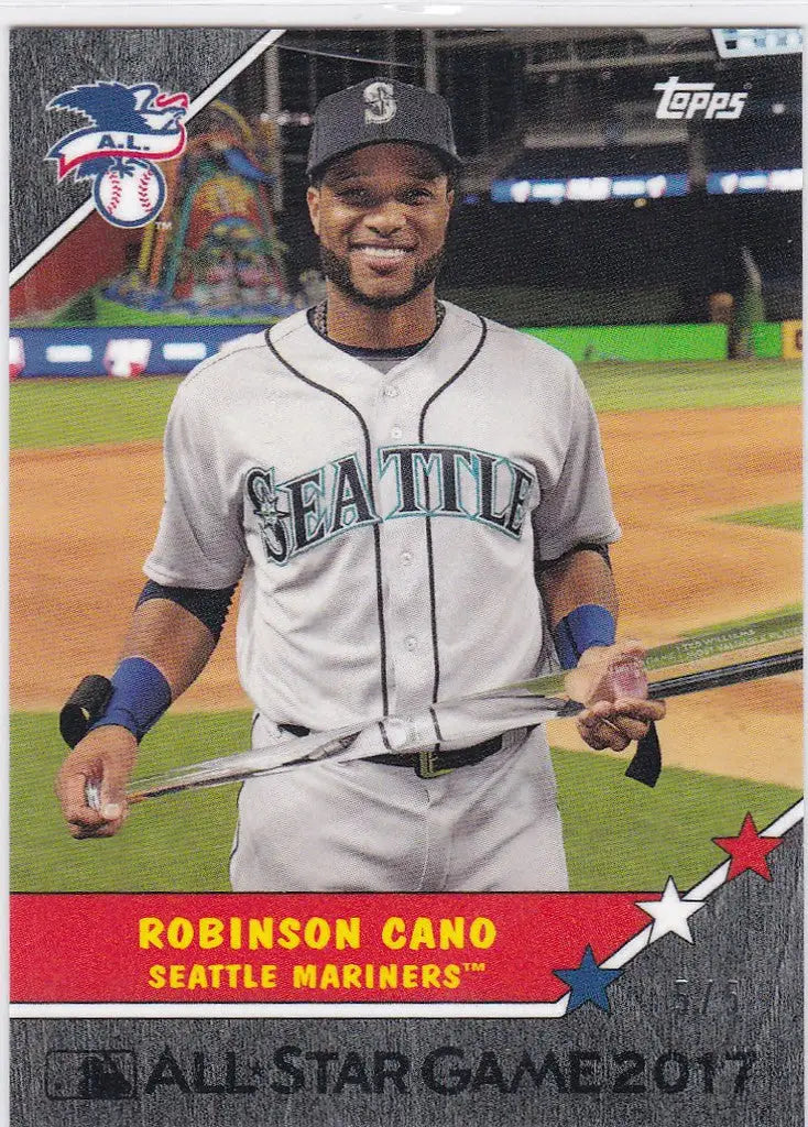 Baseball card of Robinson Cano in gray Mariners uniform, Demand Robinson Cano Star Black Parallel
