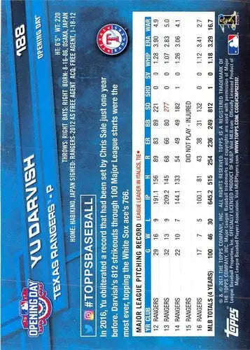 2017 Topps Opening Day #188 Yu Darvish NM-MT Rangers - Baseball Card Single