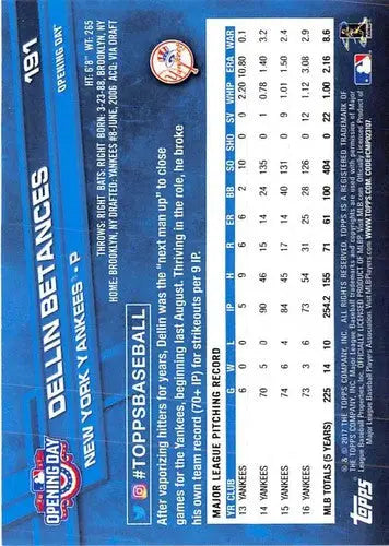 Original gloss Dellin Betances baseball card from 2017 Topps Opening Day Yankees