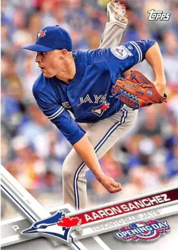 2017 Topps Opening Day #3 Aaron Sanchez baseball card featuring original gloss and Blue Jays design