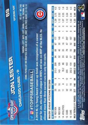 2017 Topps Opening Day #69 Jon Lester baseball card with original gloss, NM-MT condition