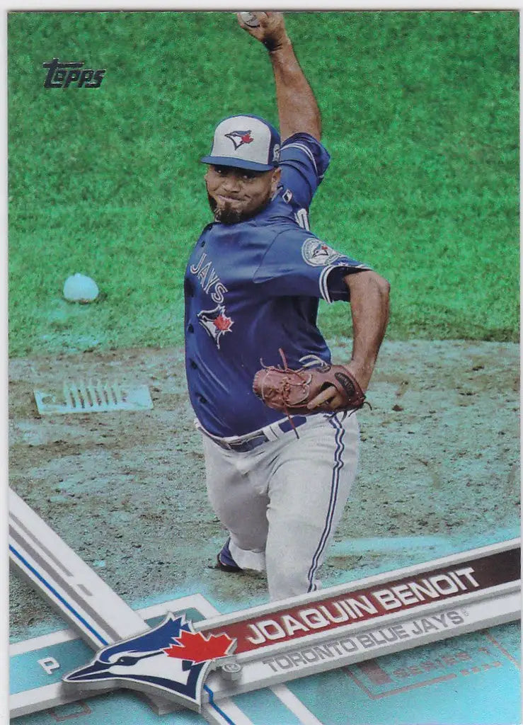 Baseball player Joaquin Benoit Toronto Blue Jays mid-pitch in Topps Rainbow Foil card
