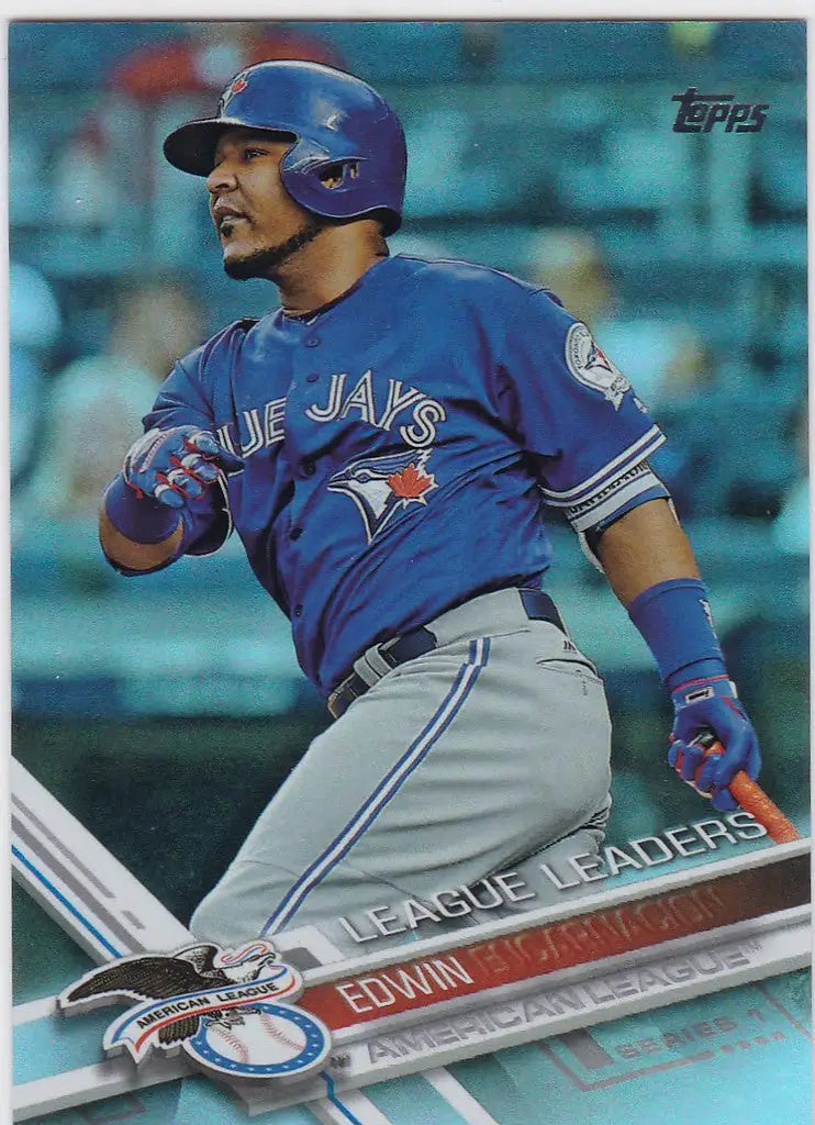 Baseball player Edwin Encarnacion Toronto Blue Jays swinging bat in Topps Rainbow Foil