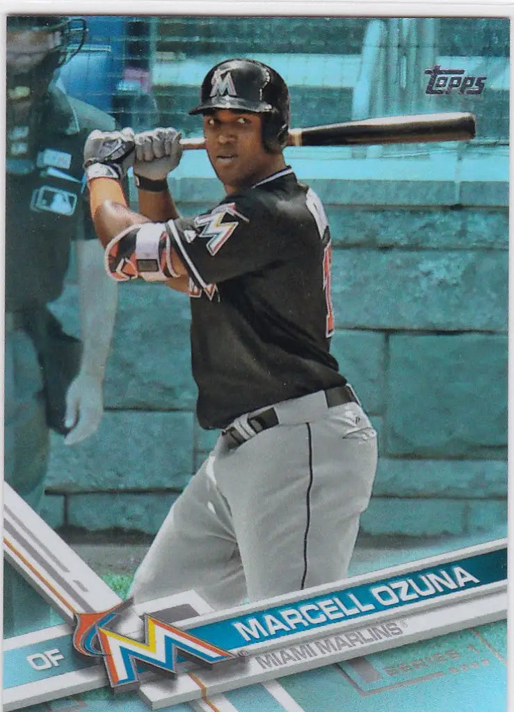 Baseball player Marcell Ozuna in batting stance, Topps Rainbow Foil Miami Marlins