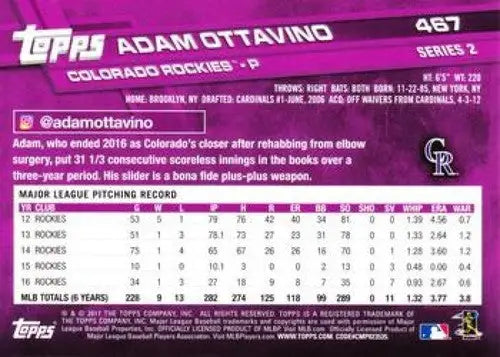 2017 Topps Rainbow Foil Adam Ottavino baseball card Rockies NM-MT display