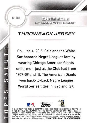Original gloss Topps Salute Chris Sale baseball card from 2017 Topps Salute NM-MT