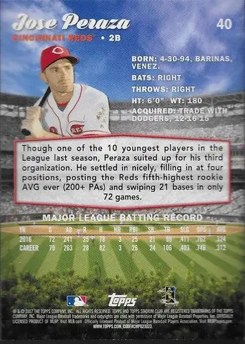 Original gloss 2017 Topps Stadium Club Jose Peraza Reds baseball card, ID 17718
