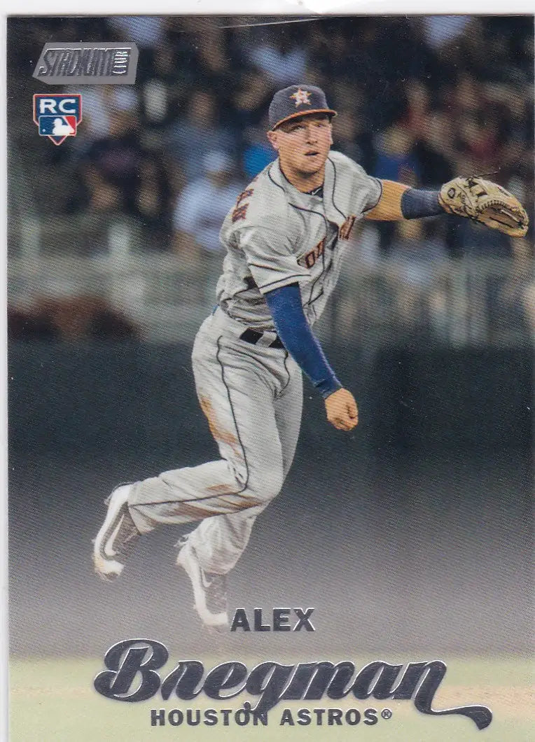 Baseball rookie card of Alex Bregman Houston in gray uniform from Topps Stadium Club RC