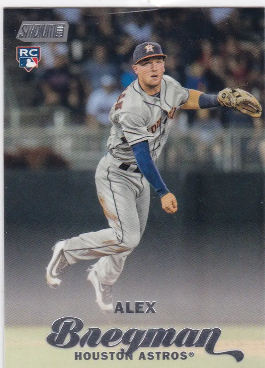 Baseball rookie card of Alex Bregman Houston in gray uniform from Topps Stadium Club RC