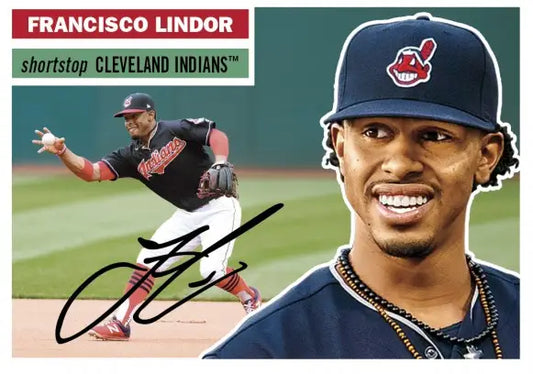 Baseball card of Francisco Lindor in 2017 Topps TBT Shine design with glove and bat