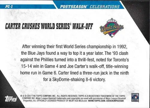 Baseball card back from 2017 Topps Update Postseason Celebrations featuring Blue Jays with original gloss