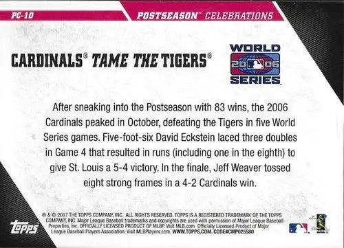 Baseball card back from 2017 Topps Update Postseason Celebrations featuring St. Louis Cardinals