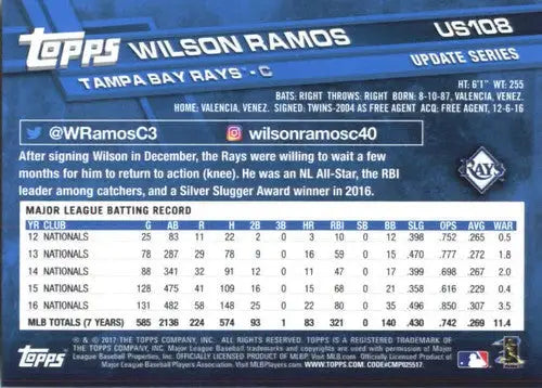 2017 Topps Update #US108 Wilson Ramos NM-MT Rays ID:5748 - Baseball Card Single