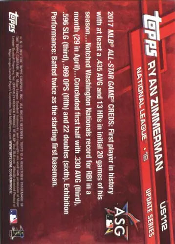 Ryan Zimmerman baseball card from 2017 Topps Update with original gloss and NM-MT condition
