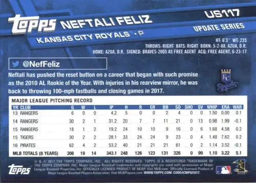 Original gloss on US117 Neftali Feliz Topps Update baseball card back