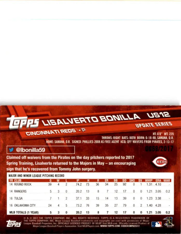 2017 Topps Update #US12 Lisalverto Bonilla Gold #/2017 - Baseball Card Single