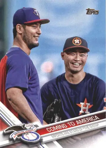 Baseball card featuring two smiling players from 2017 Topps Update US122 Coming with original gloss