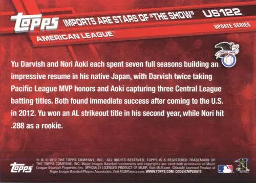 2017 Topps Update US122 Coming to America baseball card back with original gloss