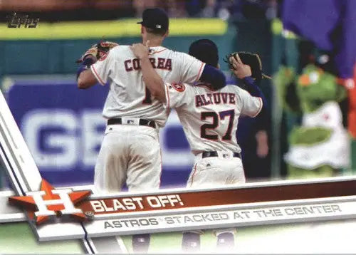 Baseball card featuring two players from 2017 Topps Update US14 Blast, original gloss Astros