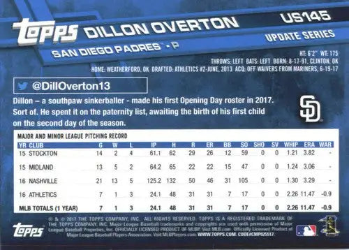 2017 Topps Update #US145 Dillon Overton NM-MT Padres ID:5769 - Baseball Card Single