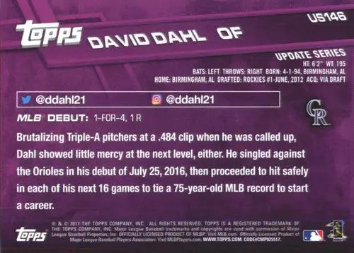 Original gloss US146 David Dahl baseball card back from 2017 Topps Update