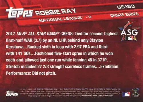 2017 Topps Update US153 Robbie Ray baseball card back with original gloss
