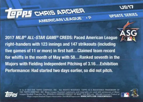 Original gloss baseball card back for 2017 Topps Update US17 Chris Archer Rays