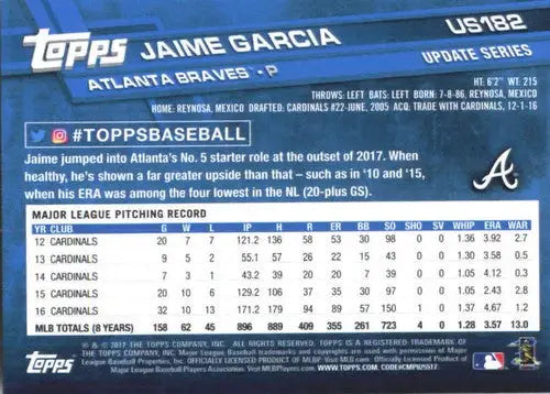 2017 Topps Update US182 Jaime Garcia baseball card Braves NM-MT issued product