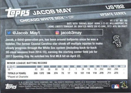 2017 Topps Update #US192 Jacob May NM-MT RC Rookie White Sox ID:5802 - Baseball Card Single