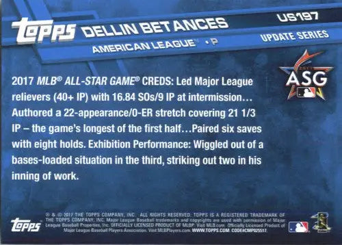 Baseball card back featuring original gloss for 2017 Topps Update US197 Dellin Betances