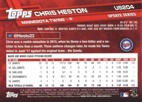 Original gloss US204 Chris Heston baseball card from Topps Update 2017 in NM-MT condition