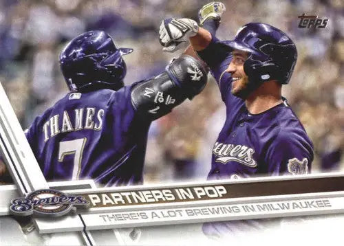 2017 Topps Update US206 Partners in Pop Brewers baseball card with two players high-fiving