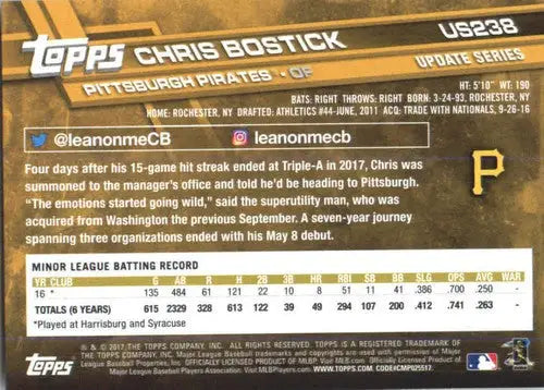 Baseball card back from 2017 Topps Update featuring Chris Bostick rookie with original gloss