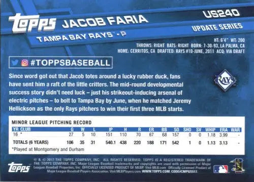 Baseball card back with original gloss for 2017 Topps Update US240 Jacob Faria Rookie