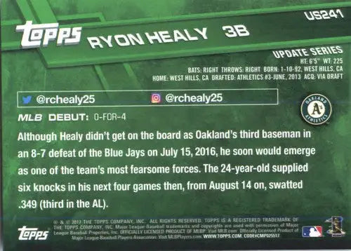 Ryron Healy baseball card from 2017 Topps Update with original gloss featuring Ryon Healy