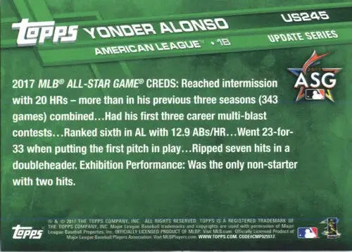 Original gloss Yonder Alonso baseball card US245 Topps Update Athletics NM-MT