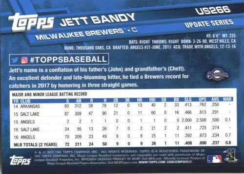 2017 Topps Update US266 Jett Bandy baseball card with original gloss NM-MT Brewers ID:5854