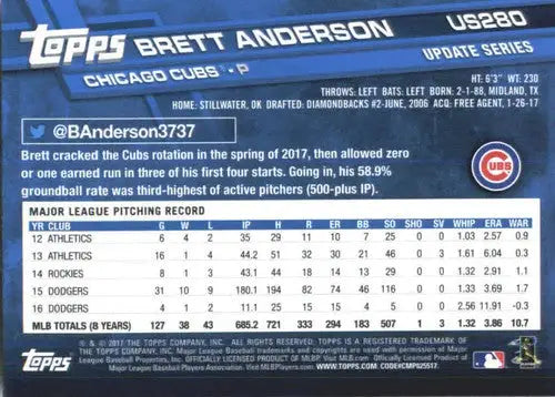 Original gloss US280 Brett Anderson baseball card from Topps Update 2017 NM-MT Cubs