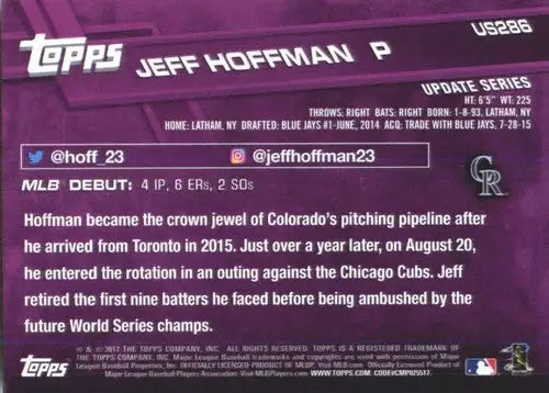 Original gloss US286 Jeff Hoffman baseball card from 2017 Topps Update series