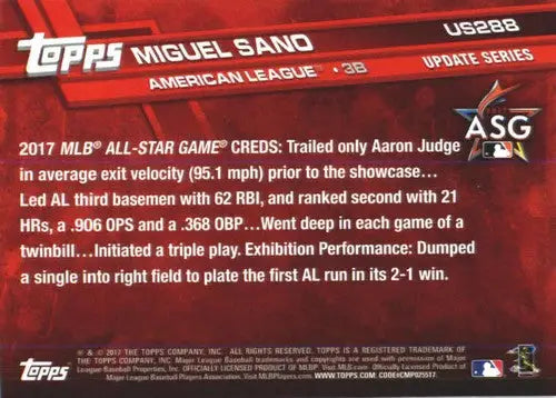 2017 Topps Update US288 Miguel Sano Twins baseball card NM-MT image