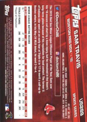 2017 Topps Update US289 Sam Travis rookie Red Sox baseball card back with original gloss