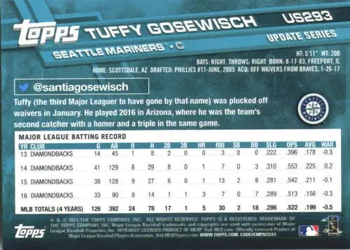 2017 Topps Update US293 Tuffy Gosewisch Mariners baseball card with original gloss