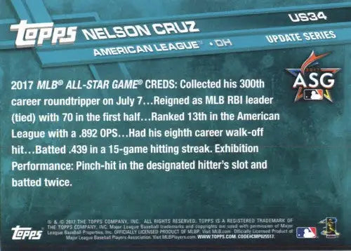 2017 Topps Update #US34 Nelson Cruz NM-MT Mariners - Baseball Card Single