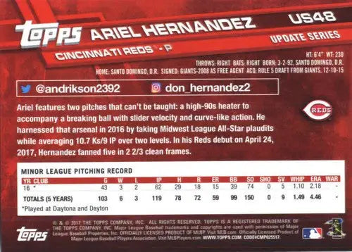 2017 Topps Update #US48 Ariel Hernandez NM-MT RC Rookie Reds ID:5703 - Baseball Card Single