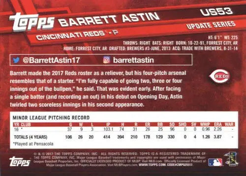 2017 Topps Update US53 Barrett Astin baseball card with original gloss in NM-MT condition