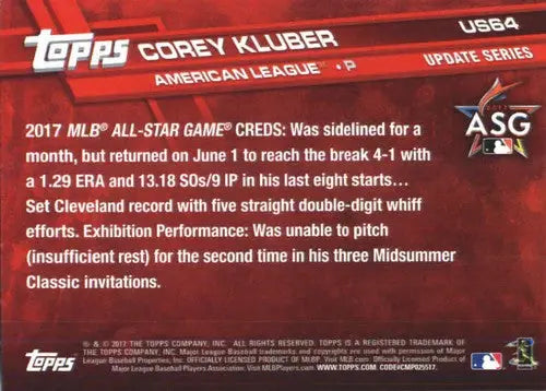 2017 Topps Update US64 Corey Kluber baseball card back with original gloss and ID 3540