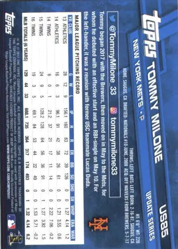 2017 Topps Update #US85 Tommy Milone NM-MT Mets - Baseball Card Single