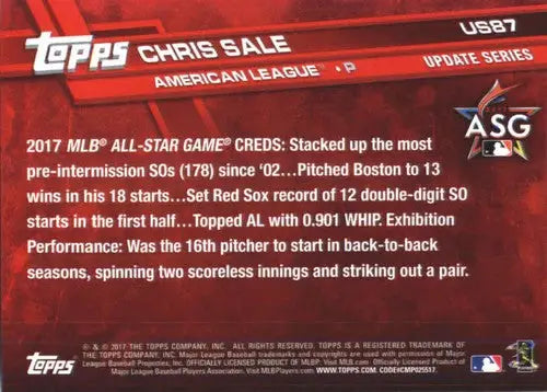 2017 Topps Update #US87 Chris Sale NM-MT Red Sox - Baseball Card Single